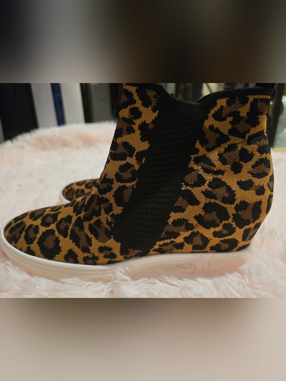 Leopard Knit Slip-On Wedge Sneakers - Black & Brown